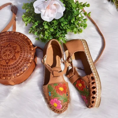 Floral Handpainted Tooled Huarache Shoe Mexican Style Boho